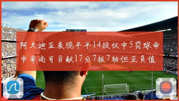 阿夫迪亚表现平平14投仅中5罚球命中率尚可贡献17分7板7助但正负值惨淡